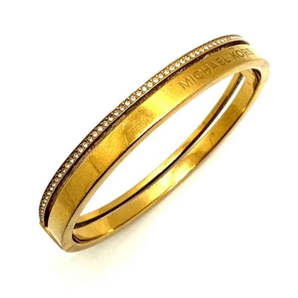 Michael Kors Gold Tone Crystal Rhinestone Bracelet Hinged Logo Bangle 7.5